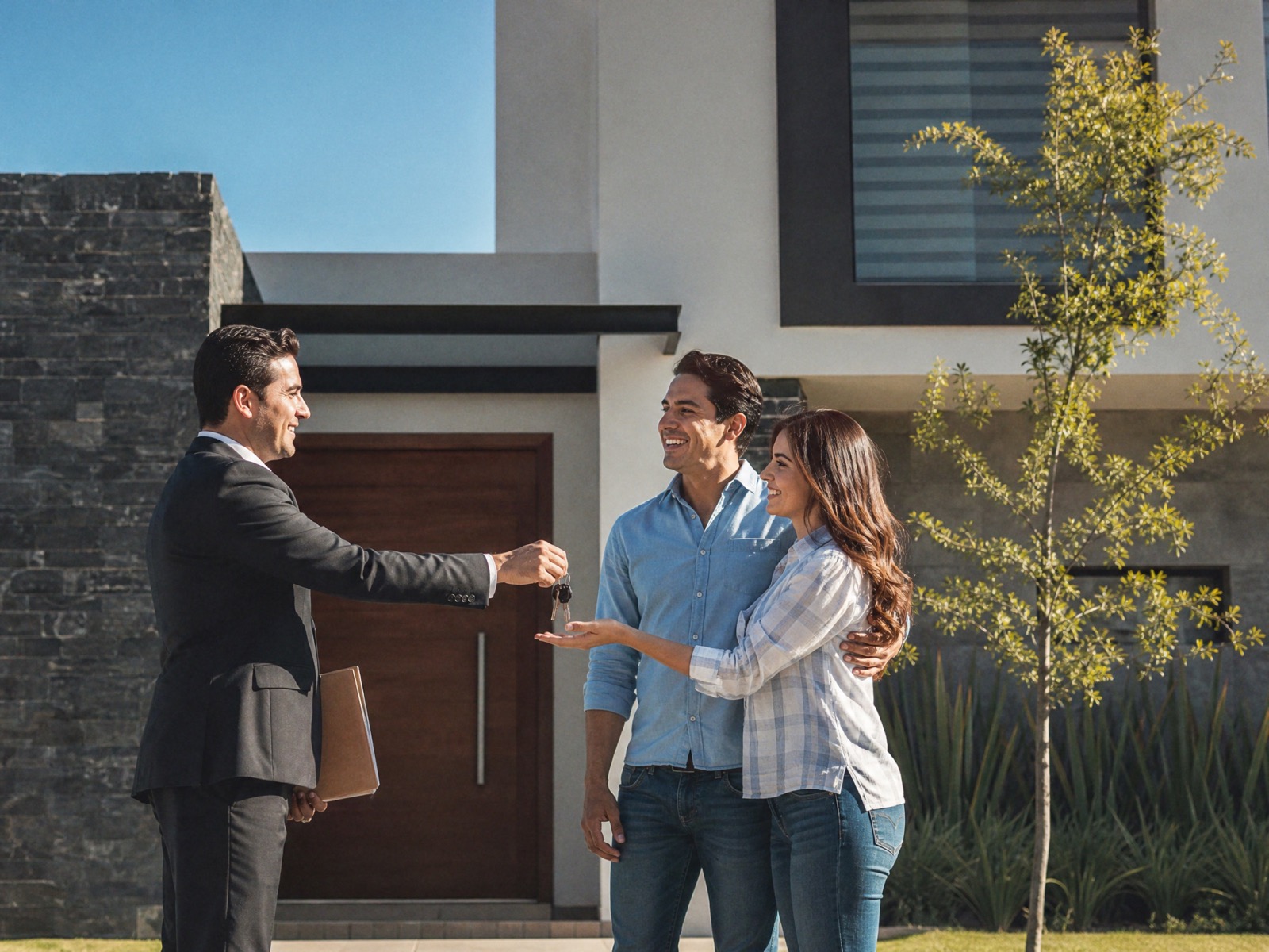 Asesor inmobiliario entregando llaves a una familia en Querétaro